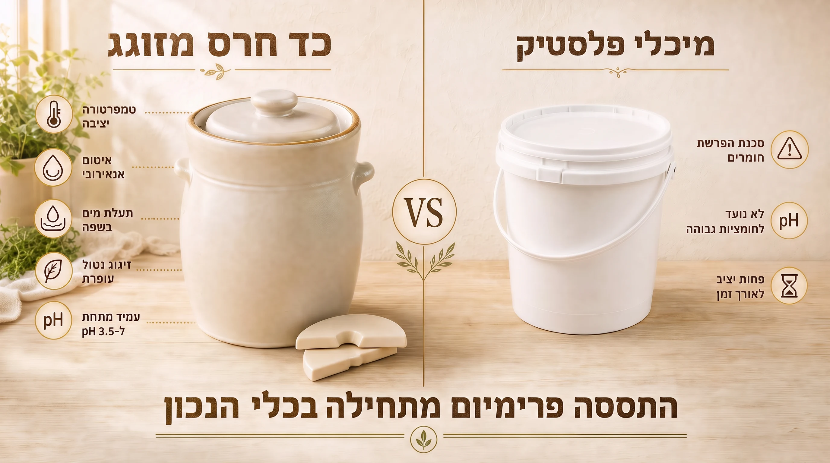 כד חרס מזוגג מימין ומיכל פלסטיק משמאל, עם רשימת היתרונות של כל אחד